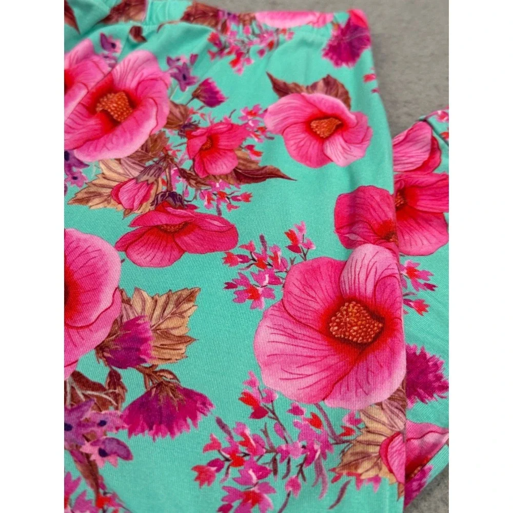 Posh Peanut Girls Pajama Leggings 10Y-12Y Turquoise Pink Hibiscus Pj Bottoms